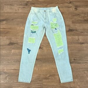 Fighting Internal Challenges Blue Jeans with Yellow Distressed Details Large